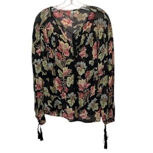 ASOS Black Floral Long-Sleeve Blouse with Tassel Ties